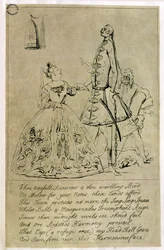 Tú espantapájaros melodioso y tú pájaro cantor, caricatura de Farinelli, Cuzzoni y Heidegger, se dice que fue grabado a partir de un diseño de la condesa de Burlington, 1730s